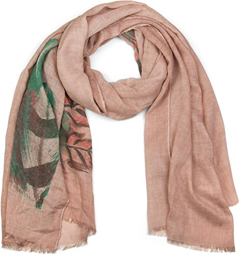 styleBREAKER Schal mit Feder Print im Boho Style, Fransen Tuch, Damen 01017066, Farbe:Altrose