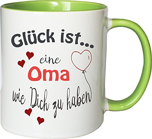 WarmherzIch Becher Tasse Glück ist… Oma Kaffee Kaffeetasse liebevoll Bedruckt Omi Großmutter Muttertag Weiß-Grün