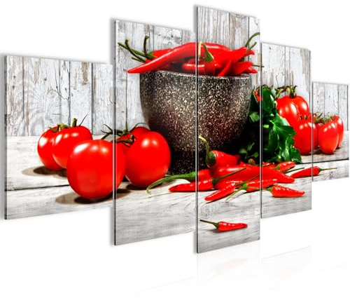 Runa Art Bild Esszimmer Küchenbilder Küche - Gemüse 5 Teilig Holz Weiss Rot Wandbilder auf Vlies Leinwand 005853b