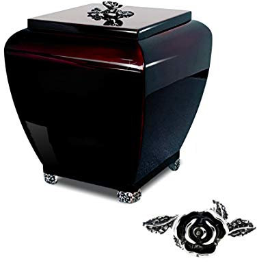 Aesthetic Urns Glänzende Urne für Asche aus Holz mit Stahlrose, mittlere Gedenkstätte, einzigartige Form, Beerdigungsurne für menschliche Überreste schwarz