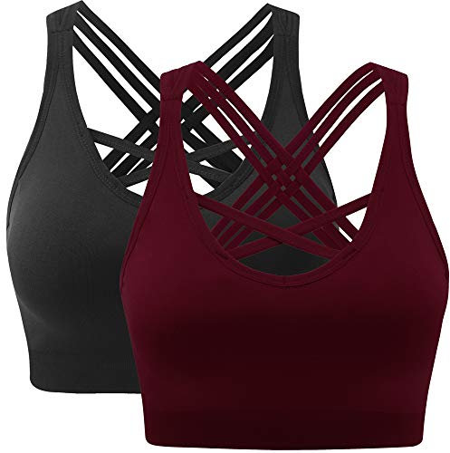 ANGOOL Damen Sport BH ohne Bügel Gepolstert Yoga Bra Kreuz Rücken Sport Bustier für Jogging Fitness , Schwarz+weinrot , L