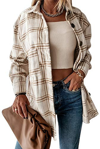 L&ieserram Surchemise Femme Veste à Carreaux Chemise Décontracté Oversized Chemisier Blouse Femme (Beige, XL)
