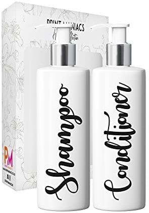 Print Maniacs 2 Set Mrs Hinch Inspired White Personalised Dispenser Pump Bottles Shampoo Conditioner (Black)