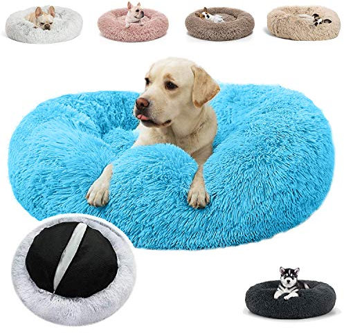 JRUI Warme Hundebett Flauschig Hundekissen Rund Katzenbett Katzenkissen Waschbar Plüsch Kuschelbett Kissen Donut Hundesofa Hundekörbchen für Mittelgroße und Große Hunde- Blau Ø 60 cm