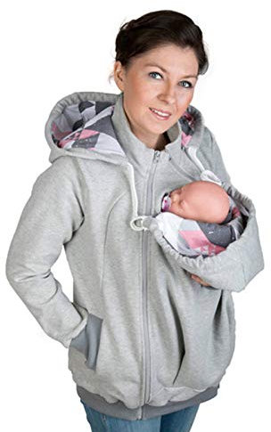 CRGL Tragejacke 3 in 1 Für Mama Und Baby, Winter Umstandsjacke Mama Kängurujacke Aus Fleece Tragepullove Für Babytrage Neugeborene Hoodie Freizeitjacke,Grau,M