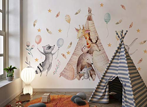 Wandtattoo Waldtiere I Feder Sterne Hase Waschbär Kinderbilder Junge Kinderzimmer Mädchen Aufkleber Osomhome os8815 (235x150cm)