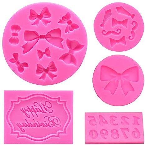 Moldes de silicona para fondant de 5 piezas, Bowknot + Feliz cumpleaños + Número + Mini pajaritas Molde 3D de caramelo de chocolate con forma de barba para decoración de tartas y cupcakes Decoración