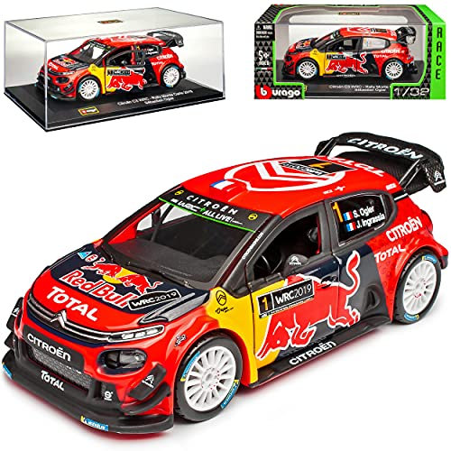 Citroen C3 WRC Rally Monte Carlo 2019 Ogier Nr 1 mit Sockel und Vitrine 1/32 Burago Modell Auto mit individiuellem Wunschkennzeichen