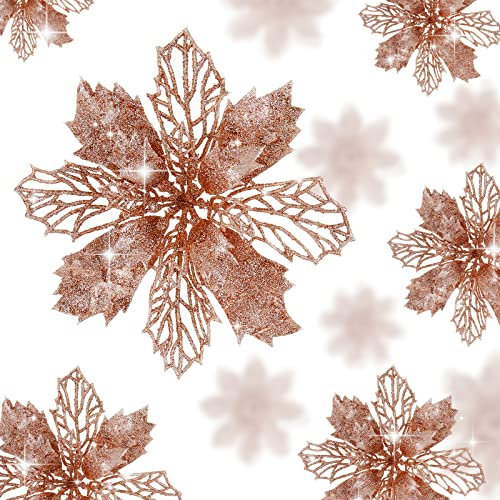 Wironlst 16 Stück glitzernde Weihnachtssterne künstliche Weihnachtssterne – Weihnachtsstern in Roségold Dekorationen Baum Blumen Ornamente für Weihnachten/Urlaub/Saison/Hochzeitsdekoration