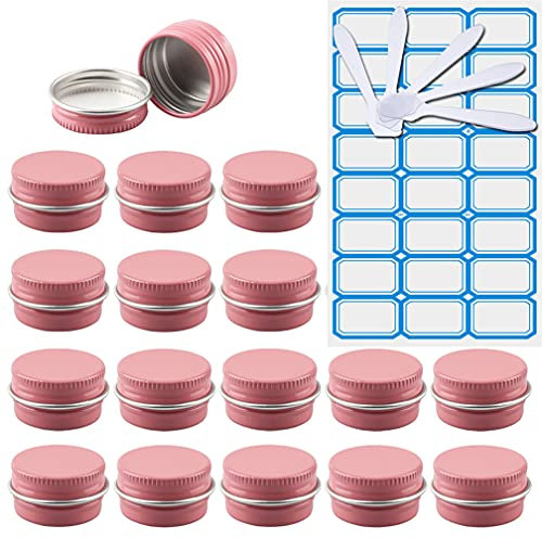 ZEOABSY 50 Pieces 5 ml Empty Pink Round Aluminum Tin Jars with Screw Lids Cosmetics Lip Balm Containers Pots for DIY Candle Salve Salt Powder Crafts Storage Cans with 5X Spoon, 2X Labels