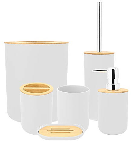 Ejoyous Lot de 6 Accessoires de Salle de Bain Écologiques - Distributeur de Savon, Porte-Savon, Porte-Brosse à Dents, Gobelet, Brosse WC (Couleur Bambou)