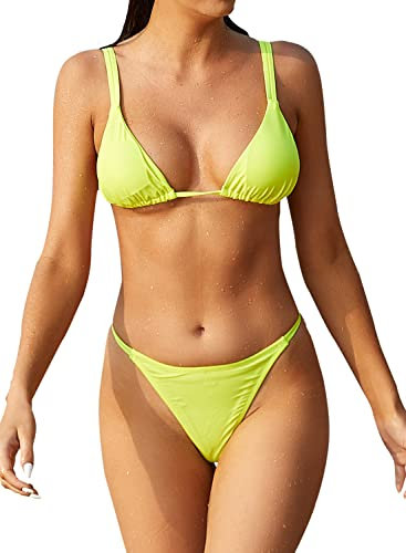 SHEKINI Donna Costume da Bagno Due Pezzi Halter Regolabile Triangolo Bikini Top Costumi Due Pezzi Donna Elegante Vita Bassa Bikini Fondo da Spiaggia(S,Giallo Fluorescente)
