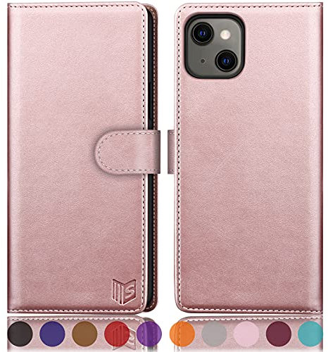 SUANPOT Cover per iPhone 13 6,1 pollici Blocco RFID Portafoglio Slot CarteSupporto Cellulare Magnetica custodia Pelle Sintetica Cover per apple 13 Oro Rosa