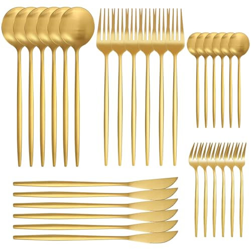 AIBAOBAO 30 piezas Juego de cubiertos dorados mate, Juego de Cubiertos Acero Inoxidable con cuchillo, tenedor, cuchara, acero inoxidable, Una Cubertería Moderna para 6 Personas