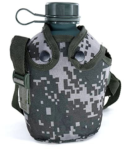HNJZX Botella de agua de aluminio, de camuflaje, botella de agua de 1 L, de aluminio, para camping, camping, con correa, con funda protectora para camping, senderismo, mochila, caza (camuflaje
