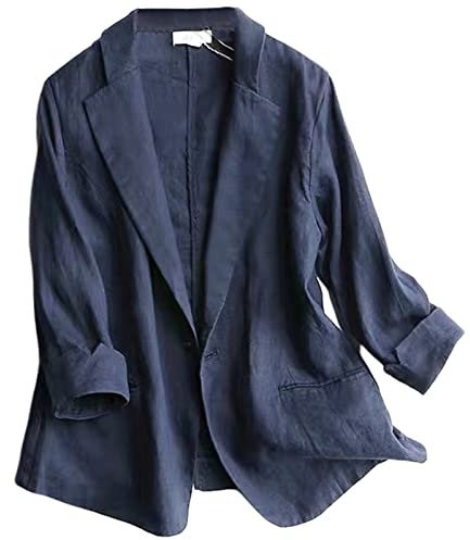 GIBZ Blazer Femme en Lin Vestes de Tailleur Chic et Elegant Ample Manche 3/4 avec Poche, Bleu Marin, XL