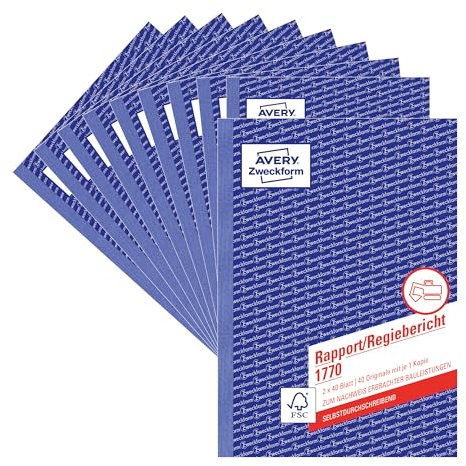 AVERY Zweckform 1770-10 Rapport/Regiebericht (A5 selbstdurchschreibend, von Rechtsexperten geprüft, für DE/AT zur Dokumentation der Arbeitsleistung, 2x40 Blatt) 10er-Pack, weiß/gelb
