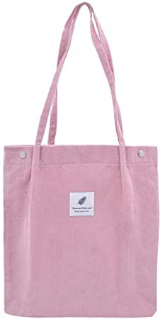Damen Große Handtasche Kord Shopper Cord Tote Bag für Bücher Reisen Alltag Schule Arbeit Einkaufstasche für Mädchen 40x41cm rosa