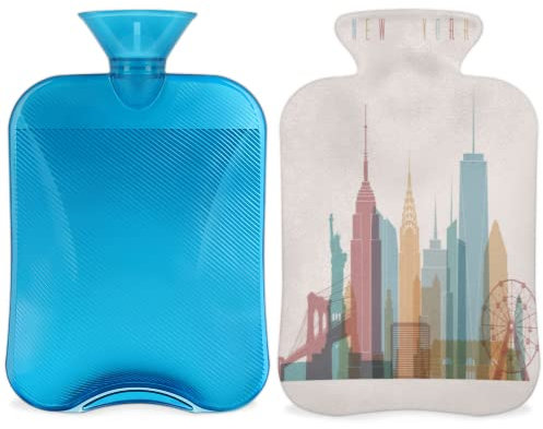 Hot Water Bottle with Cover 2L, New York City Hot Water Bag for Bed Warming/Period Pain Relief, Vintage Print Hot Water Bottle Sleeve