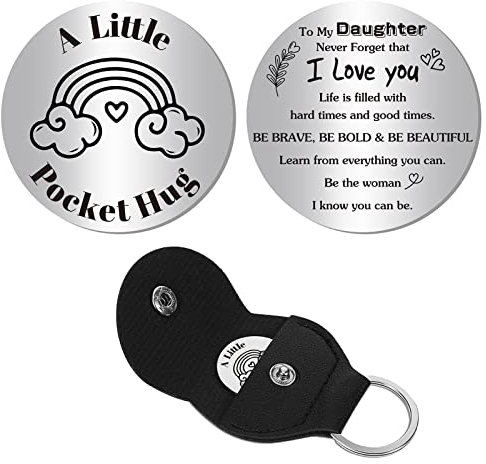 CREATCABIN Pocket Hug Token Long Distance Relationship Keepsake Stainless Steel Double Sided Inspirational Gift with PU Leather Keychain for Family Friends Daughter 1.2 x 1.2 Inch