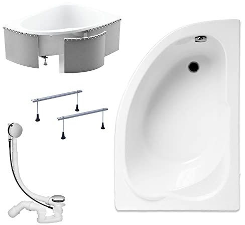 KOLMAN Badewanne STANDARD Eckbadewanne 130x85 Rechts mit Styroporverkleidung, Ablaufgarnitur und Füßen Komplettset 4in1 Premium Original Acryl Wanne Siphon