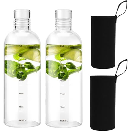 Clear Glass Water Bottles With Time Marker Non-slip Sleeve And Lids, Reusable Glass Drinking Bottles, Drink Water Bottle 17 Oz，Suitable For Drinks, Juices, Sodas, Coke, As Gifts (750ML2PCS)