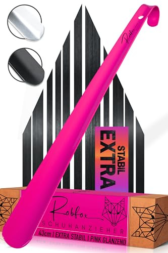 Robfox 43 cm Schuhlöffel lang - extra stabil - Schuhanzieher Metall | Pink-Edelstahl - Schuhlöffel & Schuhanzieher, rückenschonend, für Sneaker, High Heels & Business