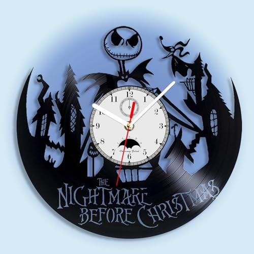 Viiluuxr Vinyl Schallplatte LED Wanduhr 12 Zoll Neon Uhr Nightmare Before Christmas Decor Geschenke Wohnzimmer Schlafzimmer Nachtlicht Fernbedienung 7 Farben Leuchtende Uhr