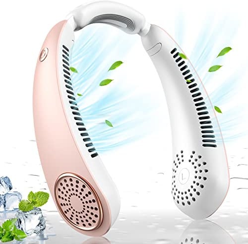dovecina Ventilador de Cuello Portatil,5200mAh Ventilador Silencioso USB Recargable,Ventilador de Cuello 3 Velocidades,Ventilador sin aspas,para el hogar, oficina,neck fan (Rosa Blanco)