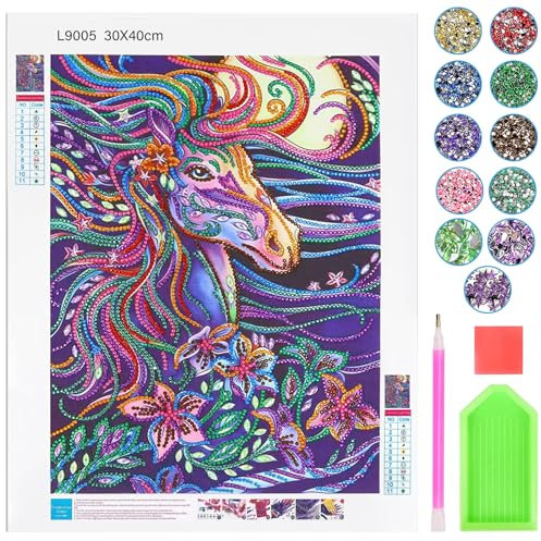 TECHEEL Diamant Painting Pferde Kinder 5D Diamond Painting Kinder Pferde Teenager Mädchen 30x40cm 5D DIY Diamantmaler-Set,Pferdes Diamond Painting Geschenke für 8 9 10 11 12 Jährige Mädchen Teenager