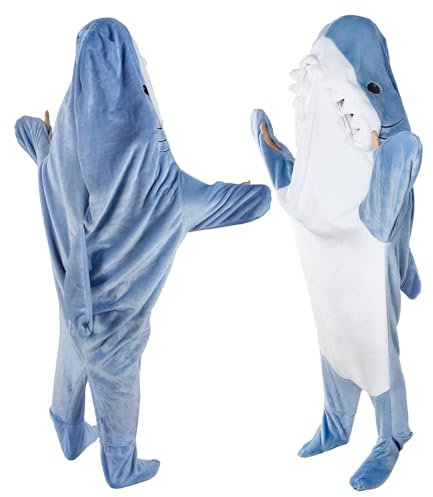 X-Boyouth Hai-Decke für Erwachsene, superweich, gemütlich, Flanell, Einteiler, Decke, tragbar, Hai-Decke, Kapuzenpullover, Kostüm-Geschenke, blau/weiß, Medium-Large