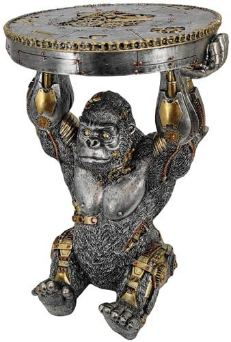 GENUINQ Steampunk Gorilla-Beistelltisch, Beistelltisch, Hocker, Kunstharz, Cyborg, King Kong, Affe, Sci-Fi-Statue, Skulptur, handbemalt, Sammlerfigur mit cooler Ausrüstung, für Heimdekoration, Silber