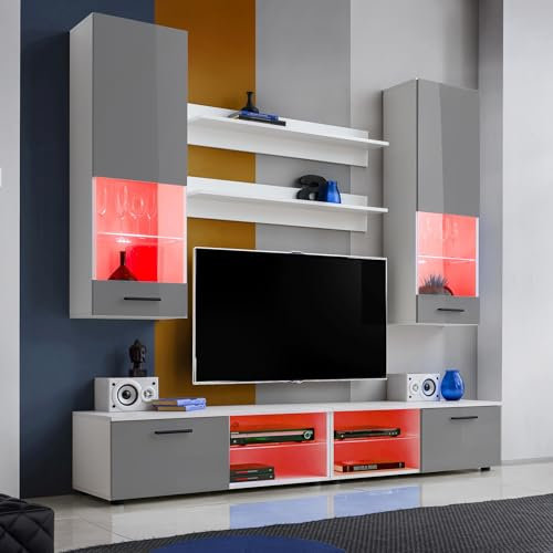 Komodee, Wohnwand Wohnzimmerset RTV Varallo, Grau Hochglanz/Weiß Matt, Breite 200cm x Höhe 195cm x Tiefe 45cm, LED RGB, für Wohnzimmer, Schlafzimmer