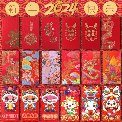 Enveloppes Rouges Chinoises 36 Pièces Paquets Rouges du Nouvel an Chinois Hong Bao 2024 Année du Dragon Hongbao Blessing Paquet Argent Chanceux Rouge pour le Nouvel An chinois un mariage