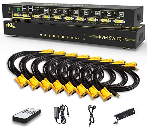 Huasion Conmutador KVM VGA de 8 puertos en 2 salidas, compatible con teclas de acceso rápido, audio USB 2.0, dispositivos compartiendo 8 ordenadores con un juego de teclado y ratón