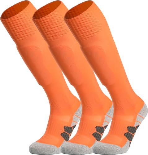 APTESOL Knielang Fußballsocken Kinder Jugend Erwachsene Lang Sportsocken Kissen Atmungsaktiv Soccer Trainingssocke (3-Paar Orange-A, EU 28-32)