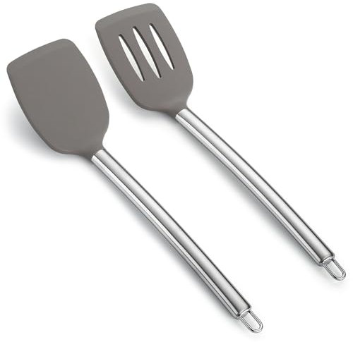 Silicone Spatulas Set, ReaNea Slotted Turner, Solid Turner, Stainless Steel Handle Kitchen Spatulas for Nonstick Cookware, Dishwasher Safe, Easy to Clean