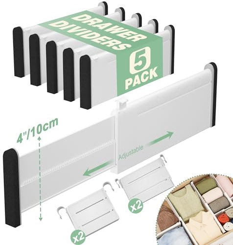 FUNIZE Verstellbare Schubladenteiler mit Einsätzen, 10cm Erweiterbare Schubladenorganizer für Kleidung, 5 Stück, 32-58cm Lange Teiler mit 9-18cm Einsätzen für Küche, Schlafzimmer,Büroaufbewahrung