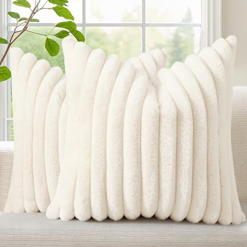 decorUhome Summer Cozy Faux Fur Throw Pillow Covers 18x18 Set of 2 Decorative Soft Plush Striped Modern Farmhouse Boho Couch Pillow Cases with Velvet Back for Sofa Bed Living Room, Cream White