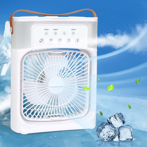 Portable Air Conditioner, All-in-1 Mini Air Cooler with 90° Oscillation, Cooling Fan with Timer 1-3H, 3 Wind Speeds, 5 Spray Modes, 7 Colour Night Light for Home, Office, Bedroom, White