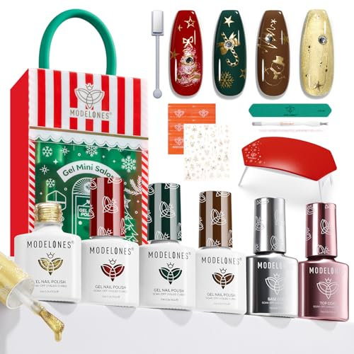 Modelones Gel Nail Kit with UV Lamp, 4 Colors Christmas Gel Nail Polish Kit Mini Salon, Base &Top Coat and Stickers, Red Brown Green Gold Gel Polish Set DIY Home Nail Art Manicure Set for Women