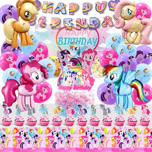 Geburtstags-Set Pony – 50 Stück Dekoration Little Pony mit Luftballons, Hintergrund, Tischdecke und Kuchendekoration