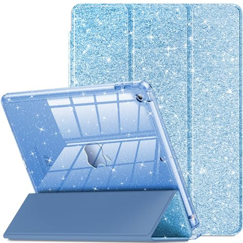 INFILAND Custodia per iPad 9a/8a/7a generazione - Custodia glitterata da 10,2, blu con retro trasparente, portapenne per bambini