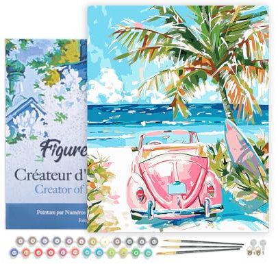 Figured'Art Peinture par Numéro Adulte avec Cadre Voiture rose près de la mer - Activité Manuelle Kit de Loisir Créatif DIY Numéro d'Art Complet - 40x50cm toile tendue sur châssis