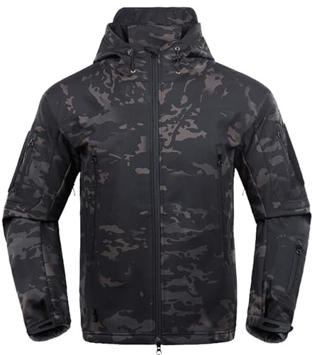 Kelmon Giacca softshell da uomo, in pile caldo, impermeabile, militare, giacca tattica, calda, antivento, funzionale con tasche multizip, Black CP, XXL