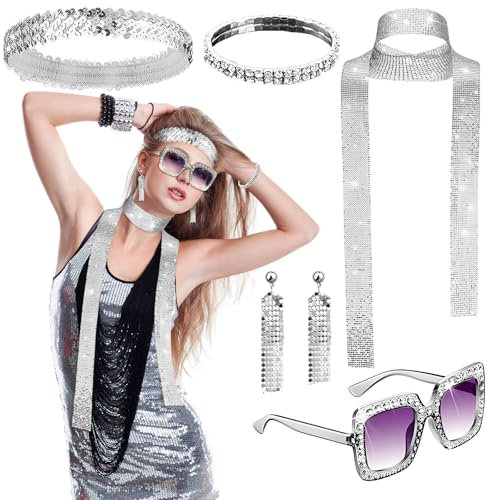 6 Stück Disco Accessoires,dellyy 70er 80er Kostüm Zubehör Accessoires,70er Jahre Disco Outfit Damen Accessories,Disco Zubehör,Pailletten Ohrringe Stirnband Strass Armband Halskette Sonnenbrille