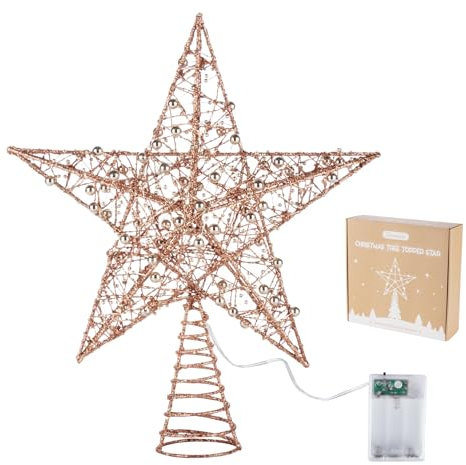 Weihnachtsbaumspitze, 30cm Glitzer-Baumspitzen aus Golddraht mit 30 LED-Lichter, Weihnachtsbaum Spitze aus Golddraht mit Blinkfunktion, Beleuchteter Christbaumspitze für Weihnachtsbaum, Roségold