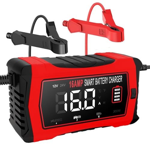 HTRC 16A Autobatterie Ladegerät, 6V/12V/24V Batterie Ladegerät für Auto LKW Motorrad Rasenmäher Boot Marine Batterien, Lithium Ladegerät, LiFePO4 Ladegerät, Blei-Säure Ladegerät für AGM, Gel, EFB usw