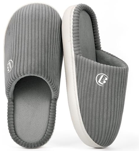 LongBay Women’s Warm Slippers Comfy Corduroy Memory Foam Slip On House Shoes Indoor Outdoor Non-Slip Sole Grey, 5-6