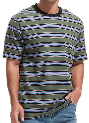 JEEGAL Camiseta de hombre a rayas de algodón de manga corta camiseta multicolor rayas ocio verano casual camiseta deportiva básica para hombres, Gris Negro Violeta, 3XL